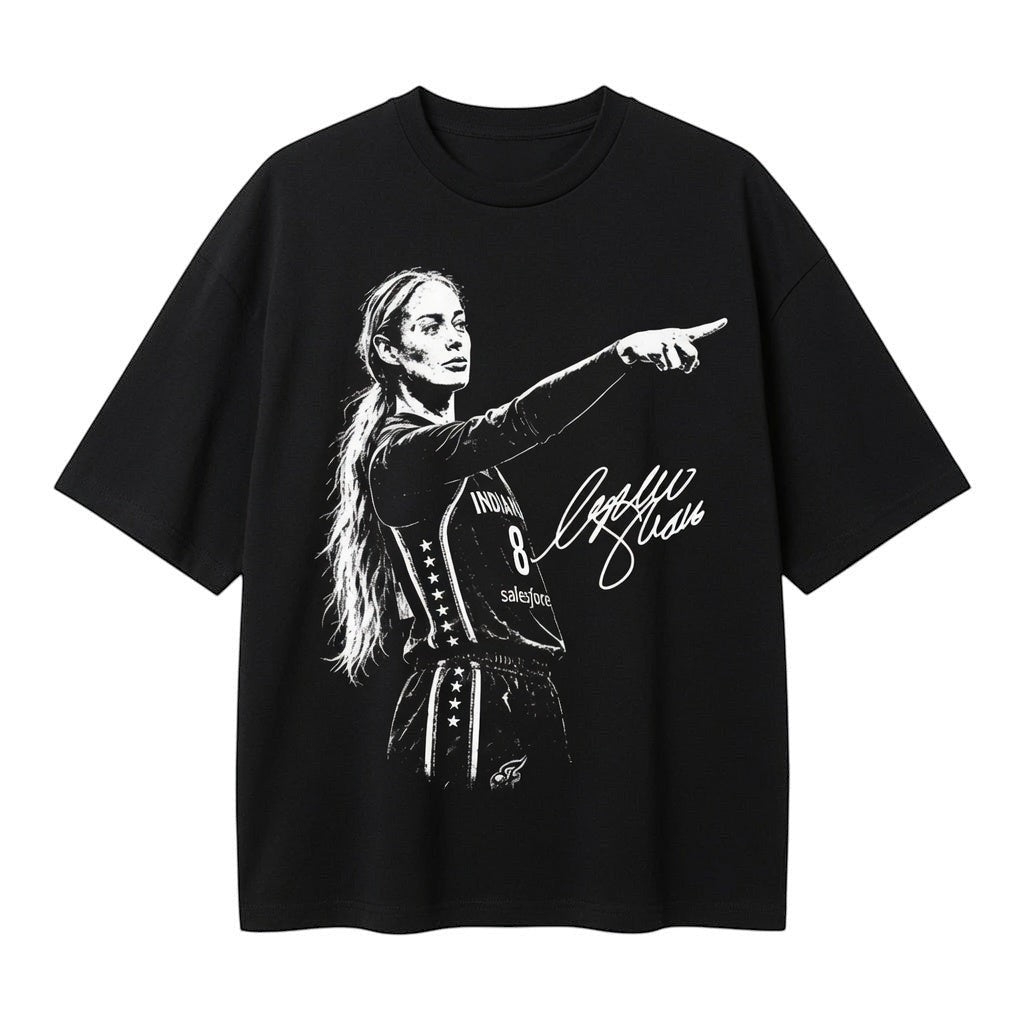TrendyShift.Com black cotton t-shirt featuring a graphic print of a female basketball player pointing with a signature.