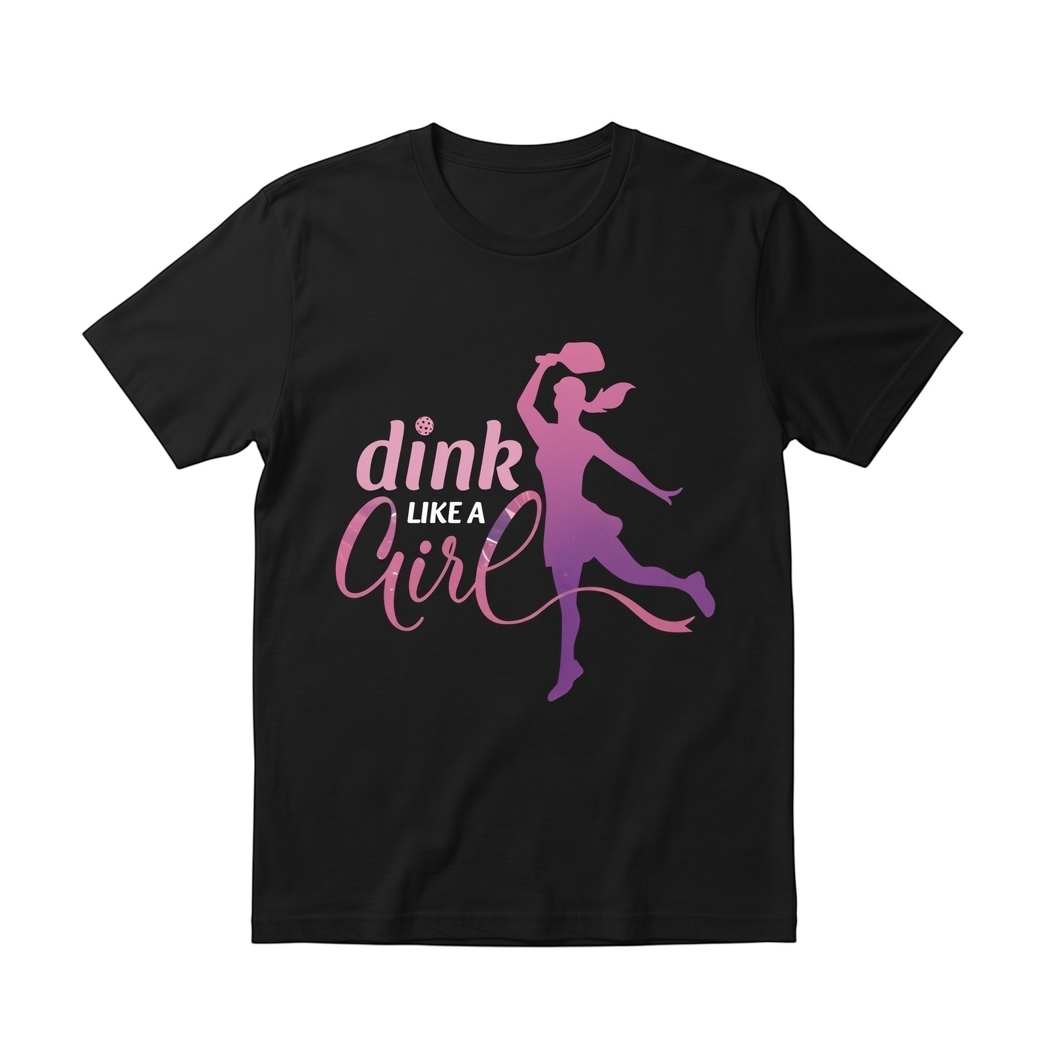 TrendyShift.Com black unisex cotton t-shirt featuring a pink and purple Dink Like a Girl pickleball graphic print.