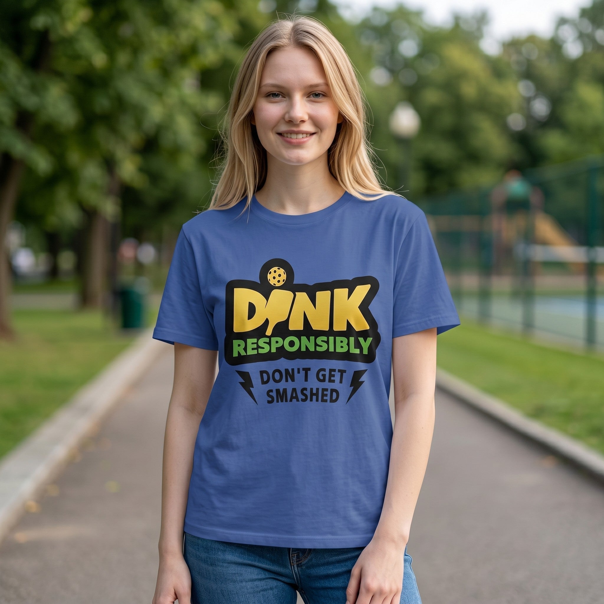 TrendyShift.Com blue unisex cotton t-shirt featuring a DINK Responsibly pickleball graphic, worn by a smiling woman.