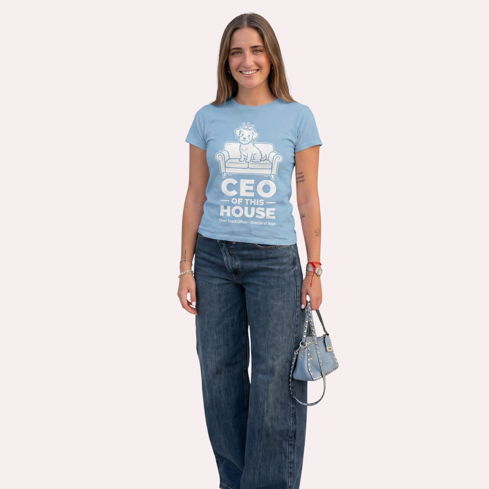 TrendyShift.Com light blue unisex cotton t-shirt featuring a dog graphic with the text CEO of this House