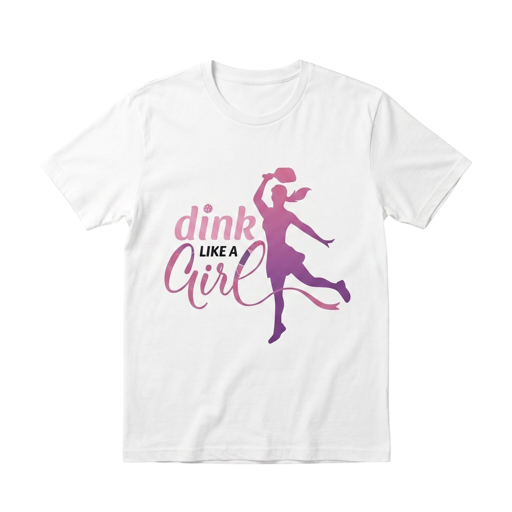 TrendyShift.Com white cotton unisex t-shirt featuring a pink and purple Dink Like a Girl pickleball graphic.