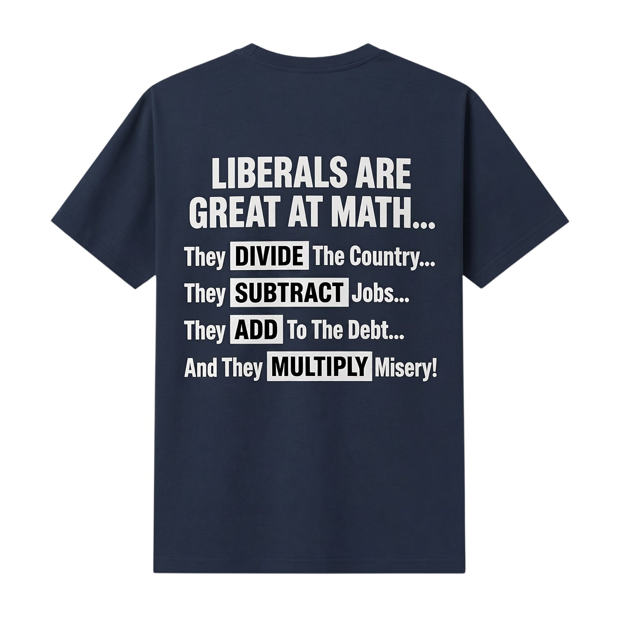 TrendyShift.Com navy blue t-shirt featuring white text about political math jokes on the back.