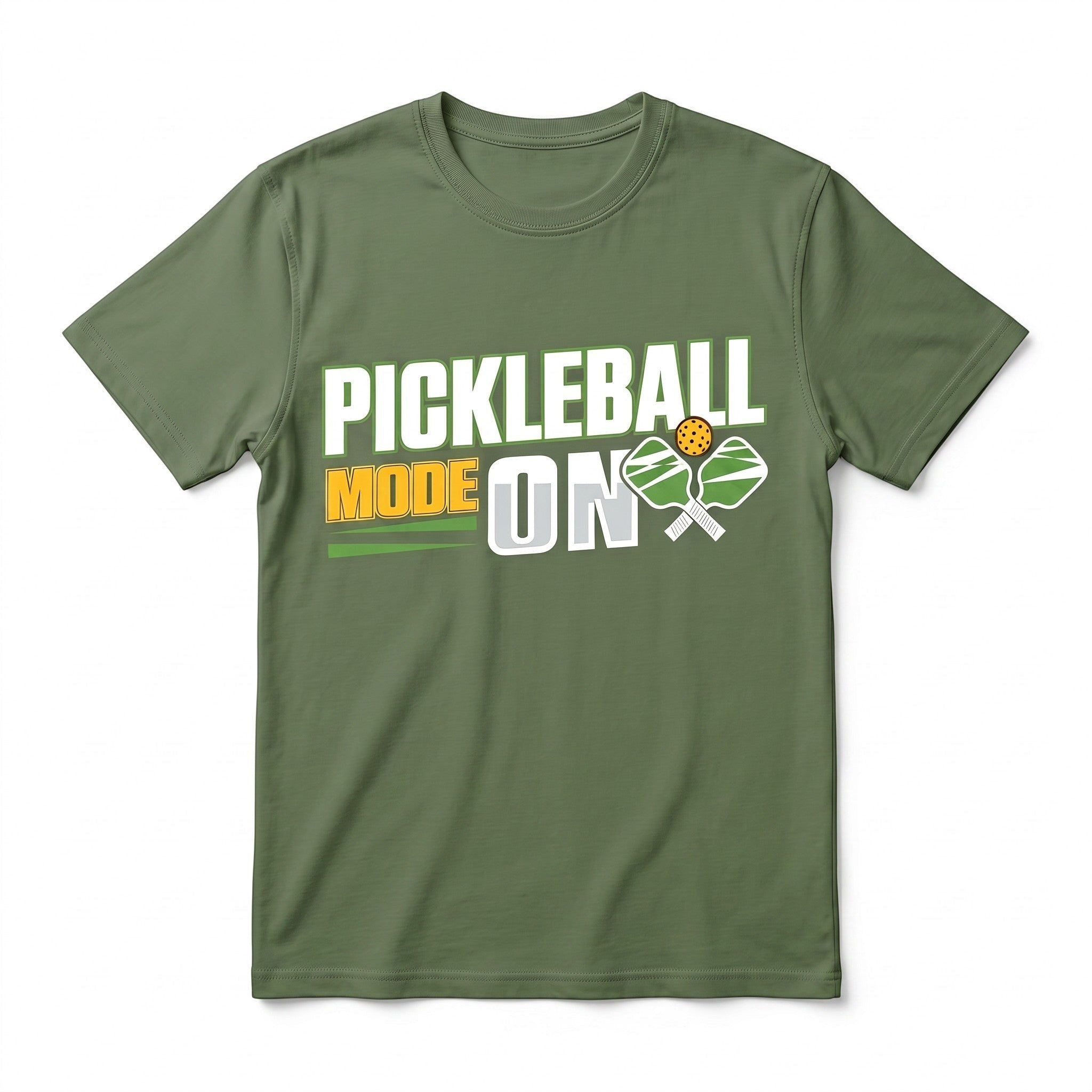 TrendyShift.Com olive green unisex cotton t-shirt featuring a Pickleball Mode On graphic with paddles and ball.