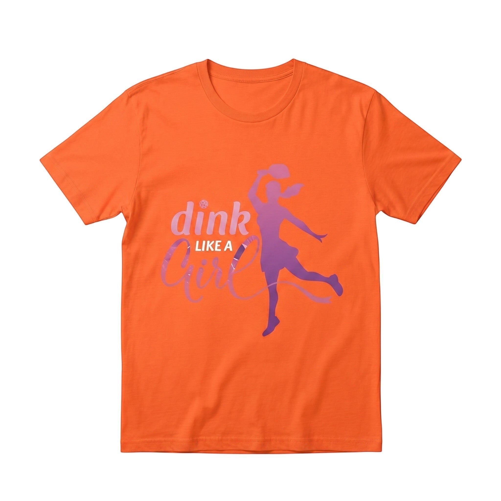 TrendyShift.Com orange short sleeve cotton tee with purple silhouette graphic of a woman playing pickleball