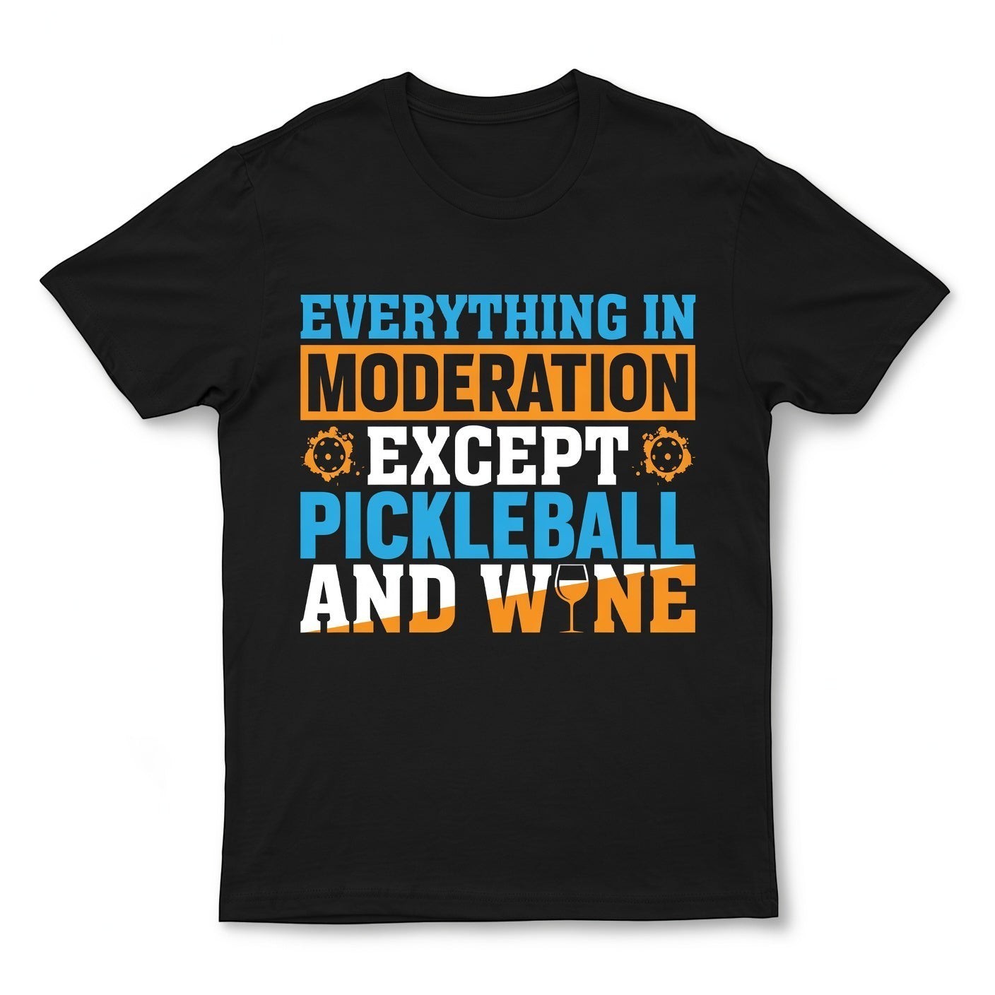 TrendyShift.Com black unisex cotton t-shirt featuring a colourful Pickleball and wine themed graphic print.
