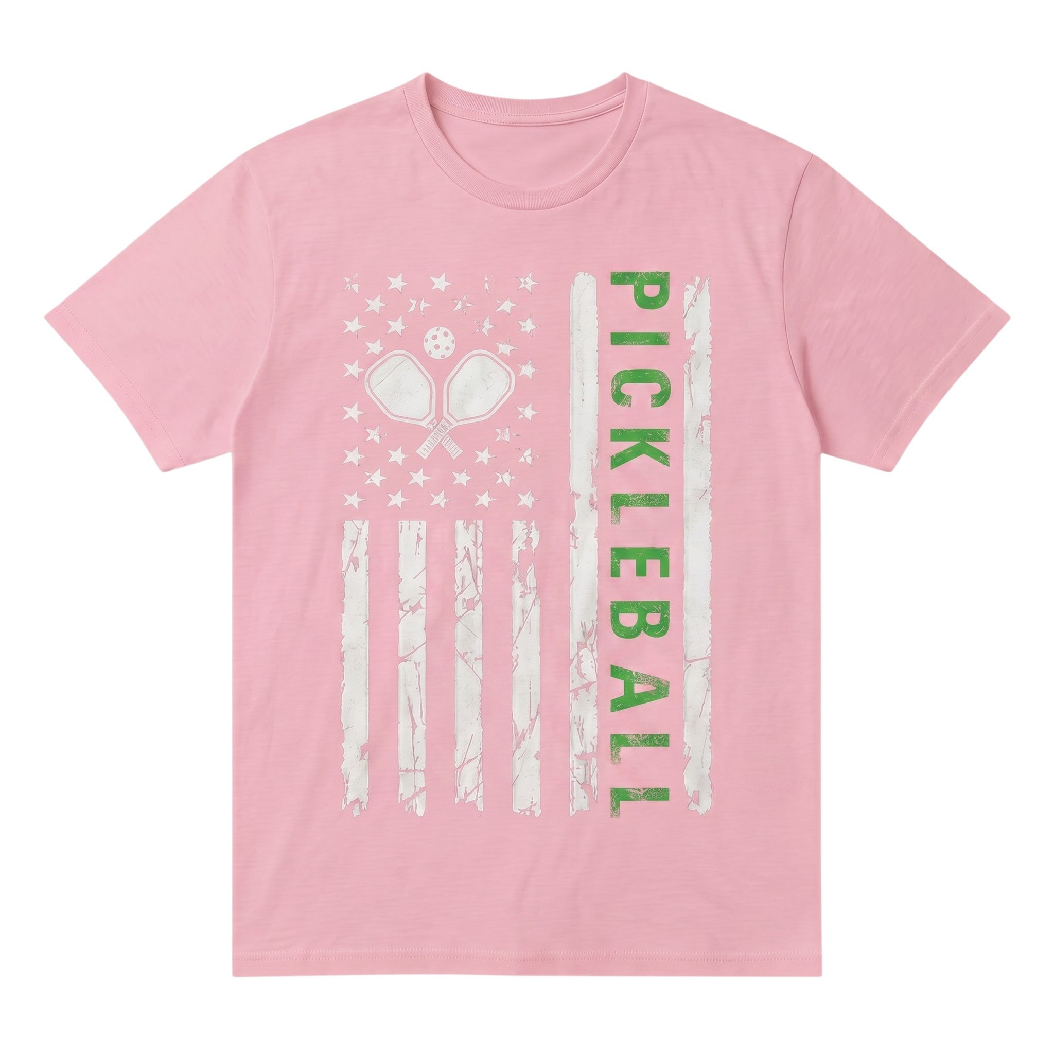 TrendyShift.Com light pink unisex cotton t-shirt featuring a distressed American flag and pickleball graphic.