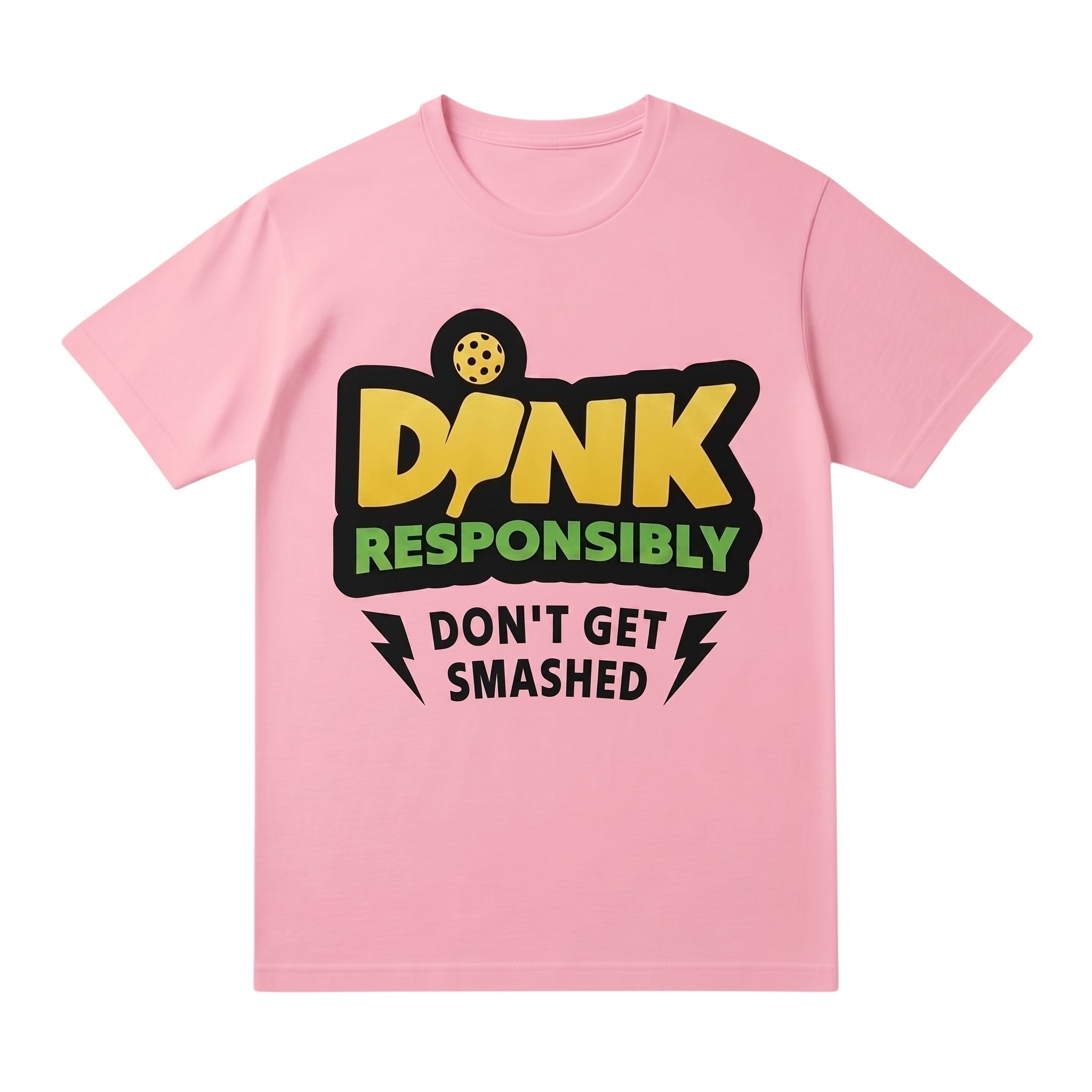 TrendyShift.Com pink unisex cotton t-shirt featuring a DINK Responsibly pickleball graphic print.