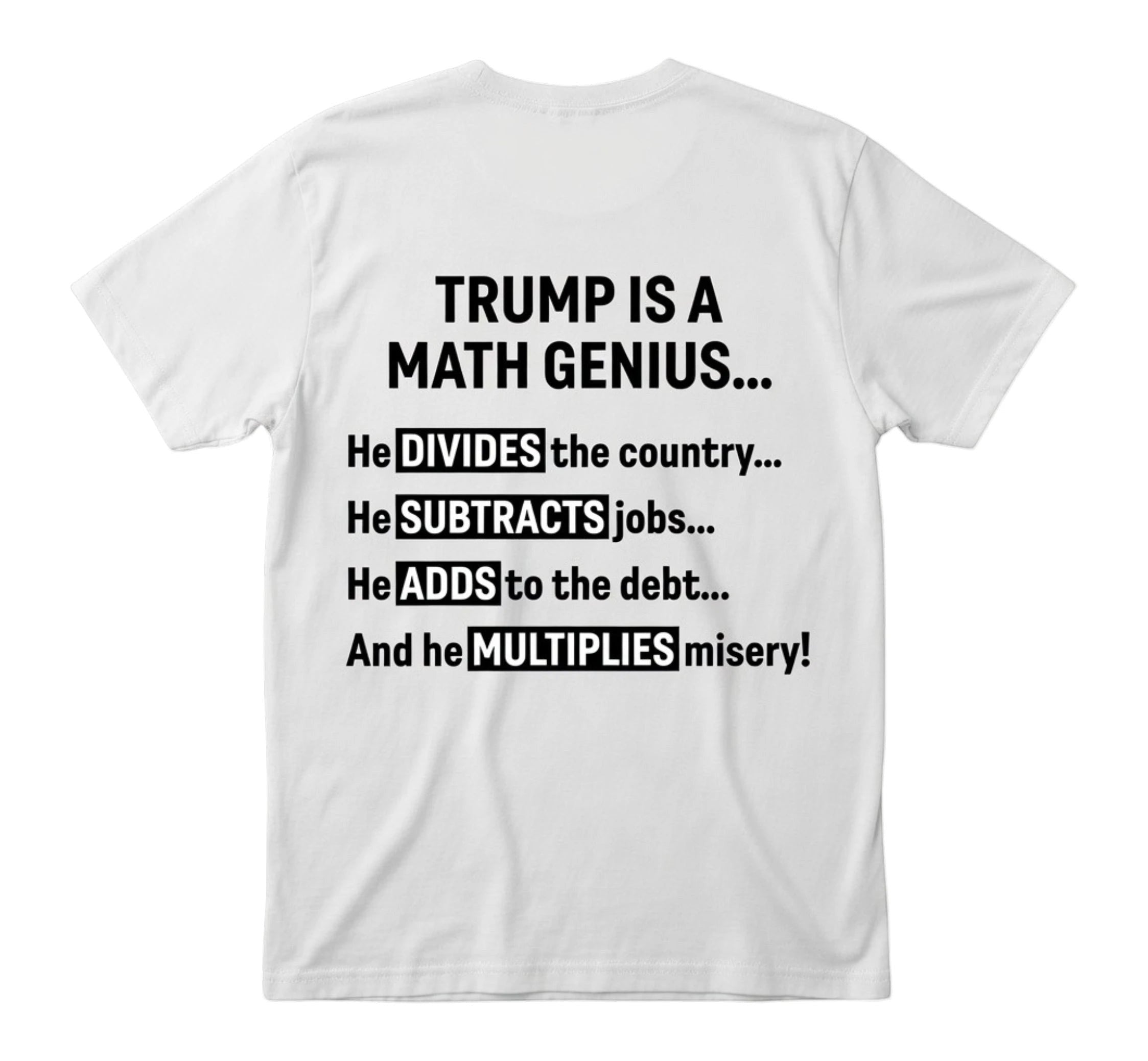TrendyShift.Com white unisex t-shirt featuring bold black text about political math on the back