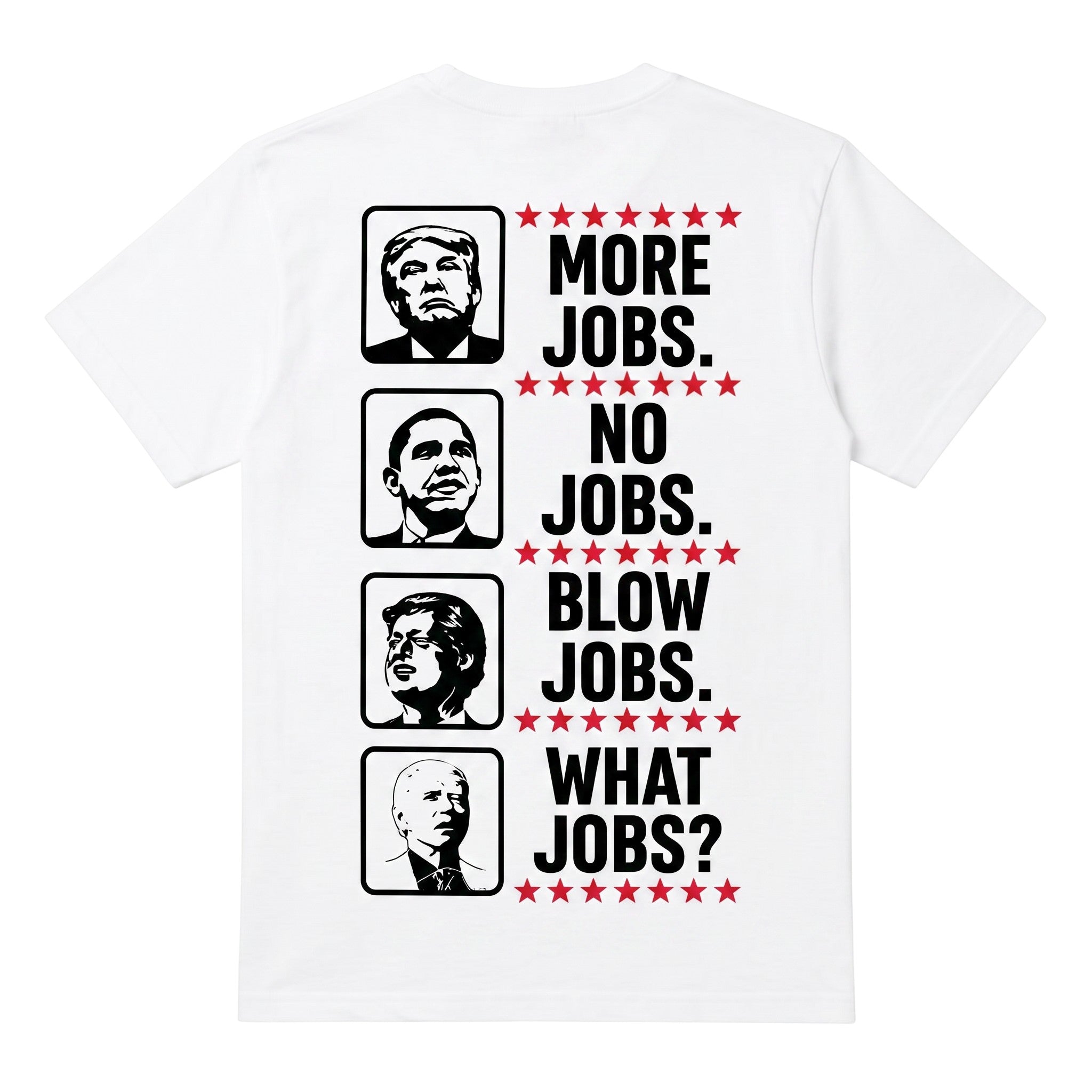 TrendyShift.Com white cotton t-shirt with back graphic featuring political portraits and satirical text.