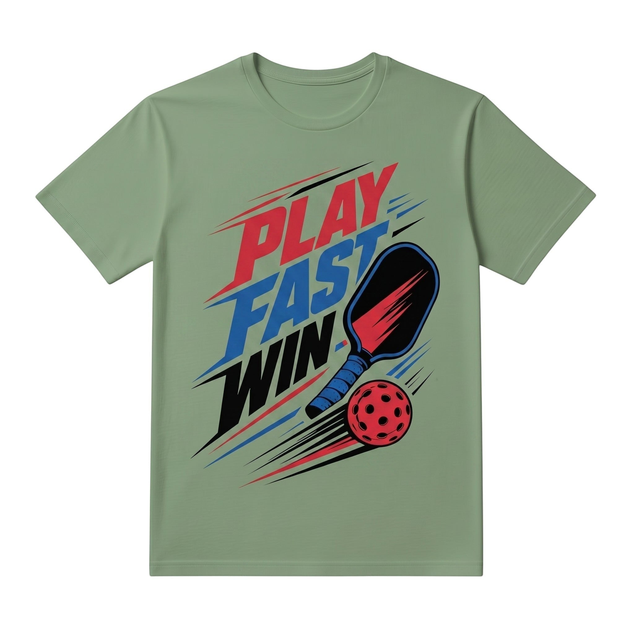 TrendyShift.Com sage green cotton pickleball t-shirt featuring a Play Fast Win graphic with a paddle and ball.