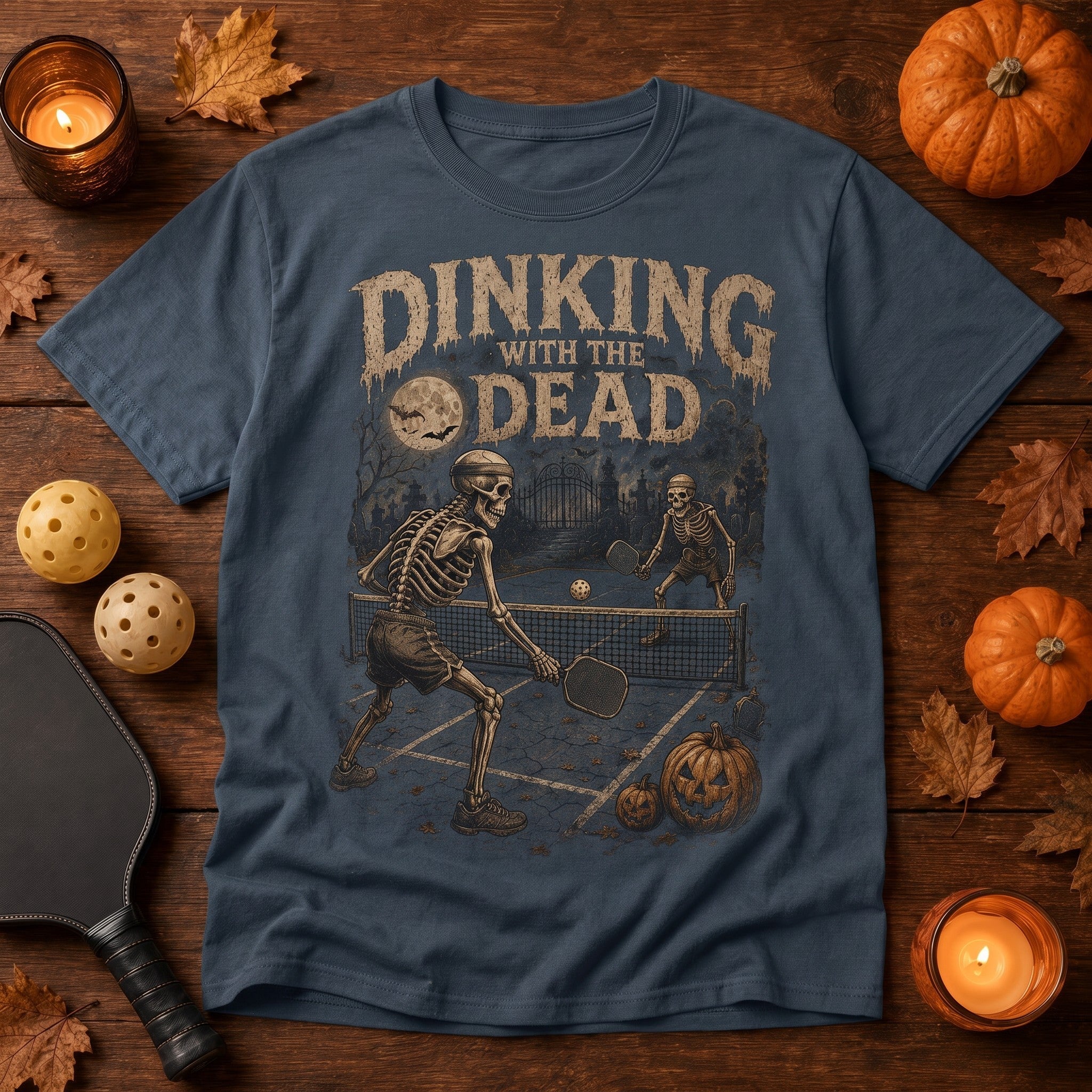 WearTheJoke.com dark grey Halloween pickleball t-shirt with vintage skeleton graphic playing on a moonlit court