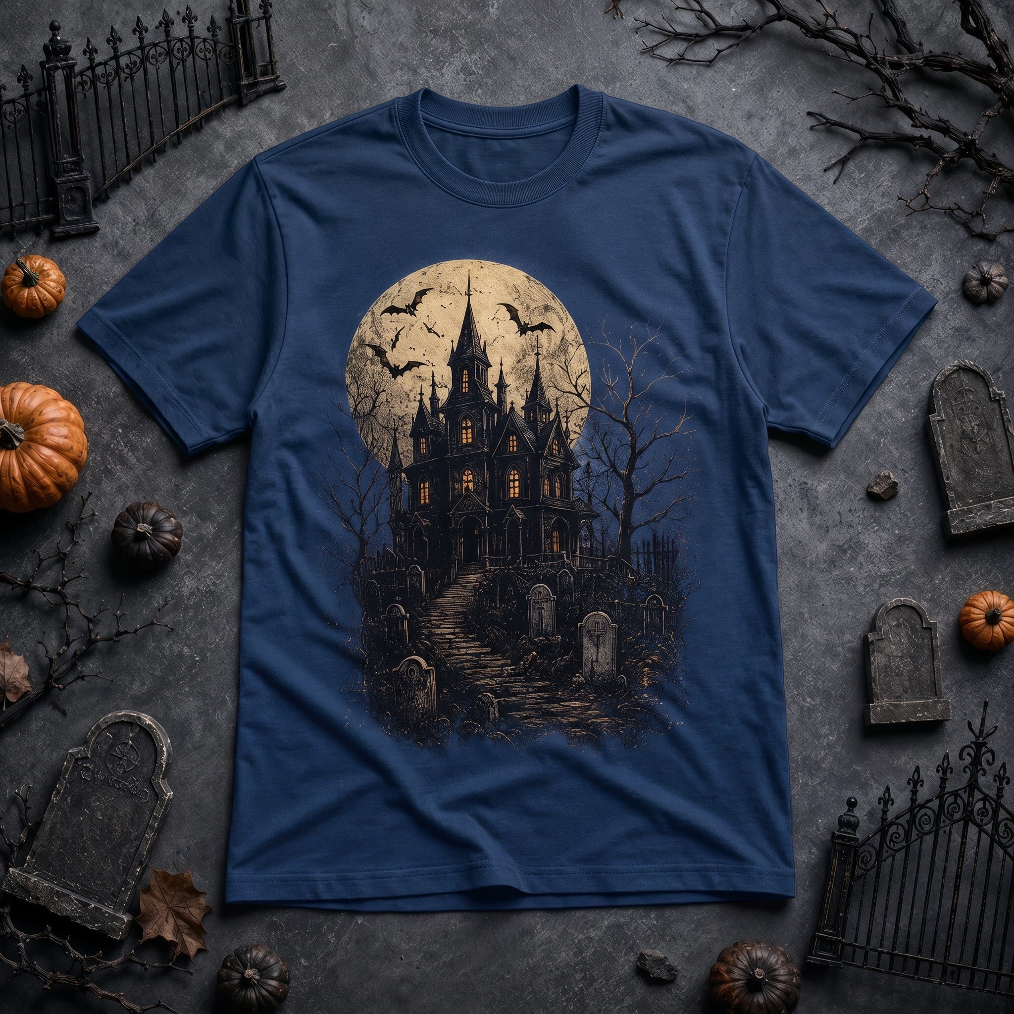 WearTheJoke.com navy blue cotton t-shirt featuring a spooky haunted house, full moon, and bats Halloween graphic.